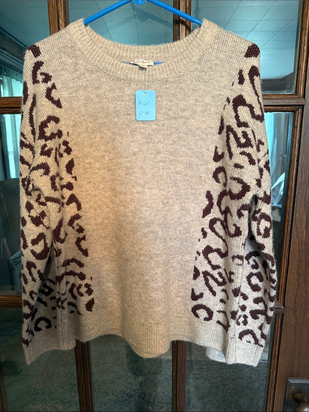 Hem & Thread Beige Crewneck Sweater with Brown Patterned Sleeves